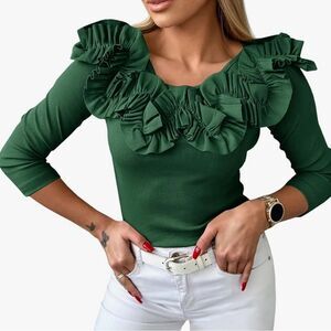 Tankaneo Womens 3/4 Sleeve Tops Dressy Ribbed Knit Flower Ruffle Shirt